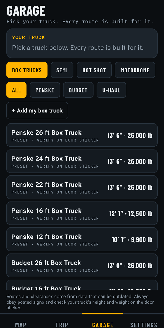 Terrapin Garage listing Penske and Budget rental box trucks with their heights and weights