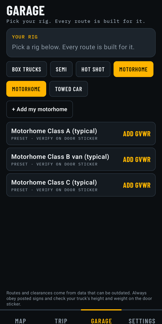 Terrapin Garage showing Class A, Class B, and Class C motorhome presets