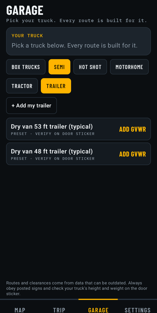 Terrapin Garage showing 53-foot and 48-foot dry van trailer presets